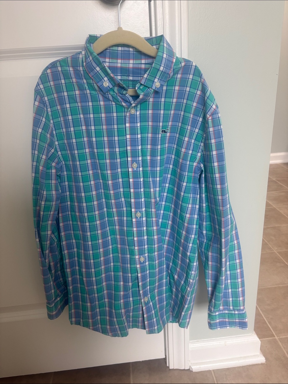 Vineyard Vines Blue, Green & White Plaid Button-Down Shirt